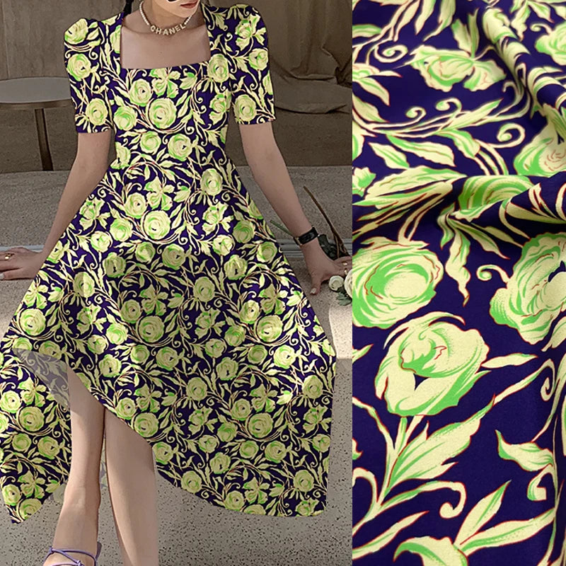 140CM Wide 18MM Silk Crepe de Chine Fabric Stretch-Green Floral on Blue Printed Design for Thin Pants Dress Soft Fabric DIY Sewing Material D1602