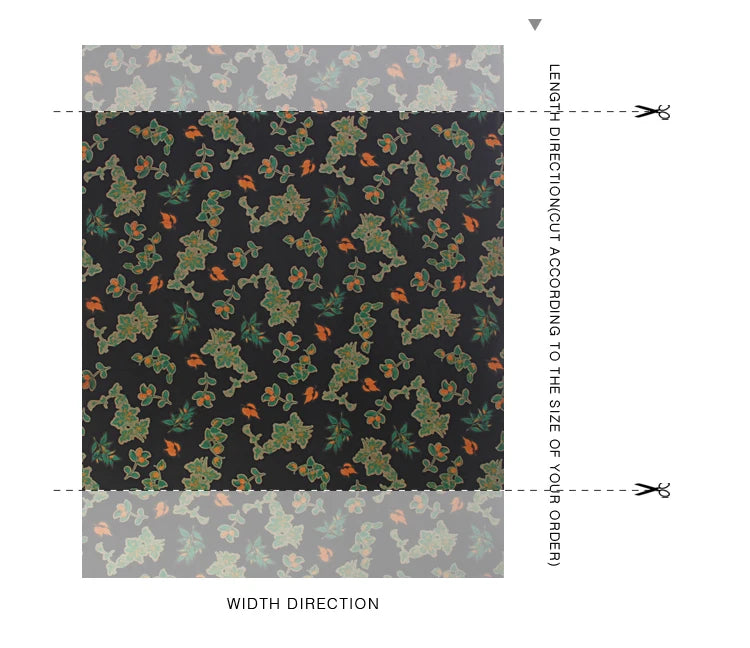 47'' Wide 25MM Thick Gambiered Gauze Silk Fabric with Green Leaves on Black Printed Design for Cheongsam Horse Face Skrit Dress DIY Sewing Material By Yard E1570