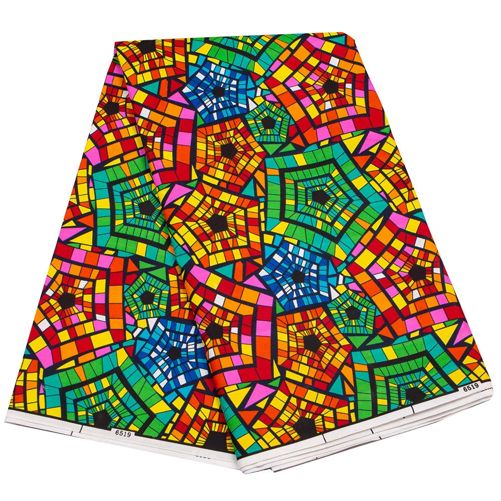 Geometry 7Patterns Printed Wax Fabric,Polyester African Batik Fabric for DIY Sewing Clothes Sofa 115CM Wide 6Yards Long R858