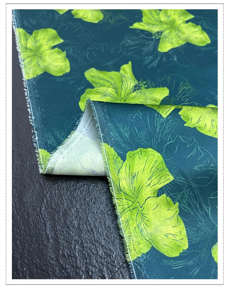 Exclusive Silk Spandex Fabric by Yard with Green Lilies Print on Blue-55'' Wide - Perfect for Dress, Cheongsam and Scarves 19MM Thickness DIY Sewing Silk Fabric Material D1383