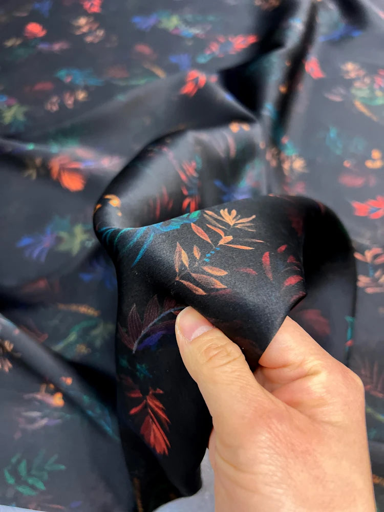 Stretch Gambiered Gauze Silk Fabric with Print on Black Design for Cheongsam Horse Face Skrit Dress Pants,47'' Wide 25MM Thick,DIY Sewing Material E1561