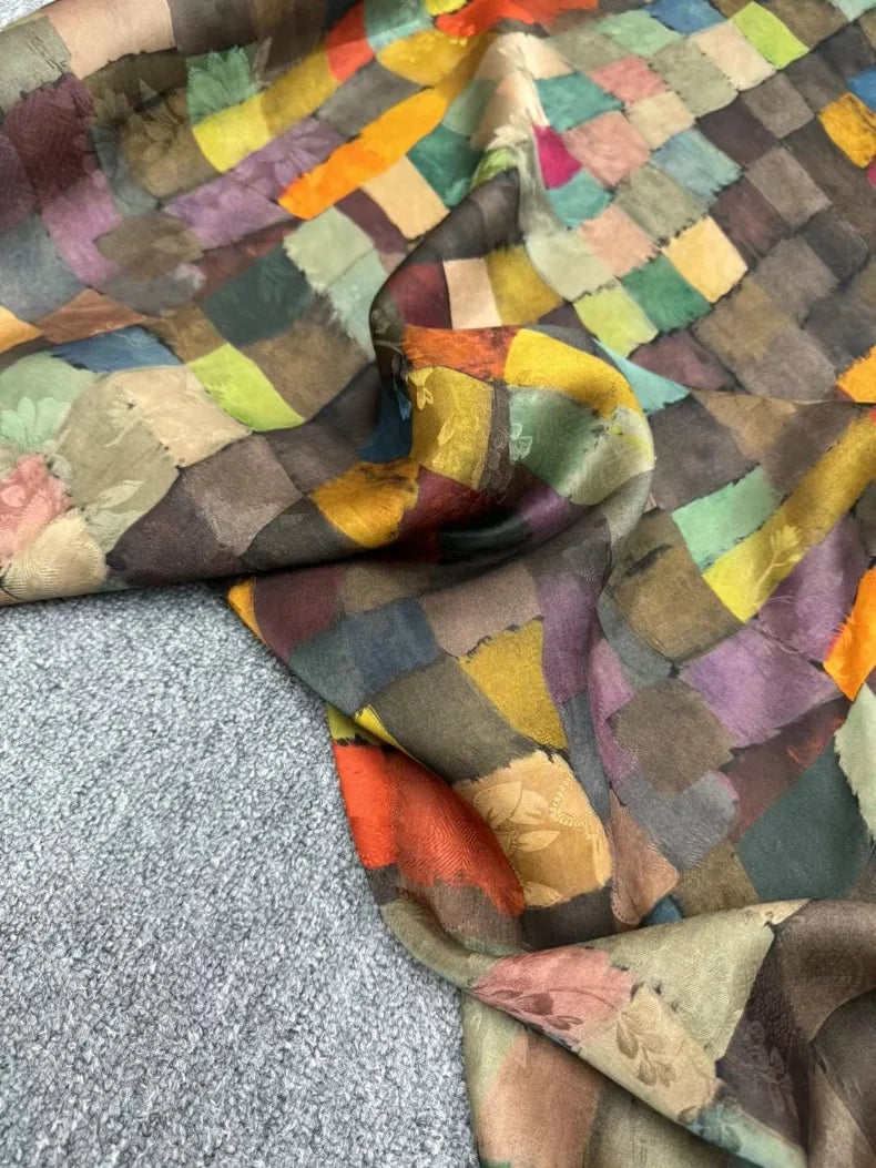 New Chinese Style Cheongsam Dress Pants Oil Painting Colorful Block Grid Radish Red Cloud Yarn Silk Fabric 45'' Wide 25MM Thick DIY Sewing Material R1204