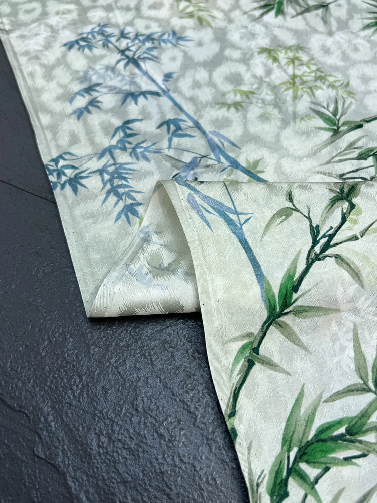 Jacquard Silk Fabric-45'' Width,17MM Thick, Thin Fabric for Summer Dresses Pants Blue Green Bamboo Print Fabric-DIY Sewing Material D1546