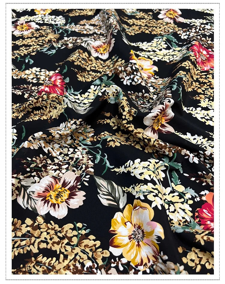 Silk Spandex Fabric Crepe De Chine 18m/m Silk Fabric for Sewing by 1 Yard (Yellow Red Floral Print on Black) DIY Summer Thin Dress Pajamas Pants Material D1319