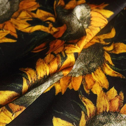 Yellow Sunflower Print 95% Silk & 5% Lycra Strech Silk Satin Fabric for Blouse Dress Clothing Cheongsam 105CM Wide 91G/M,DIY Sewing Material C007