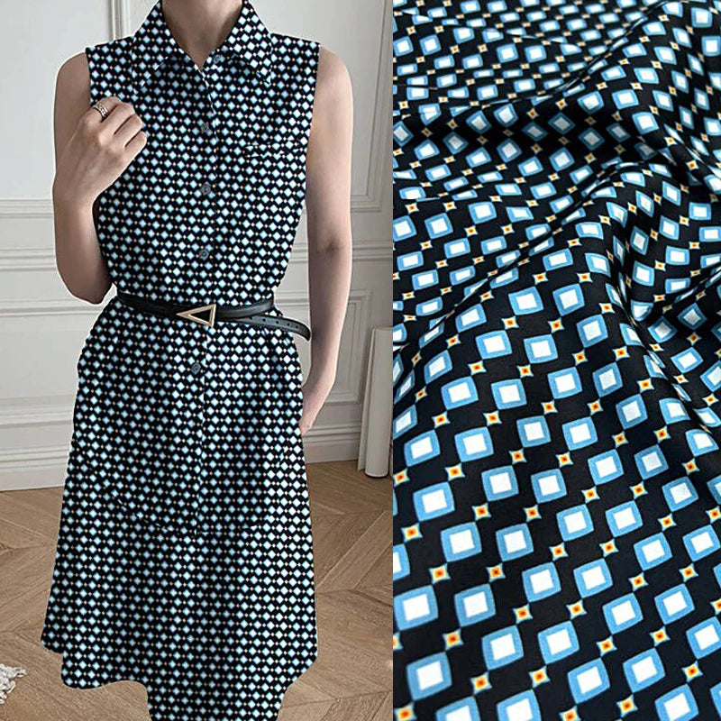 55'' Wide-20MM Thickness-Blue Rhombus Printed Twill Silk Fabric for Summer Shirt Pants Dress-Stretch Comfortable Silk Fabric by Yard DIY Sewing Material D1635