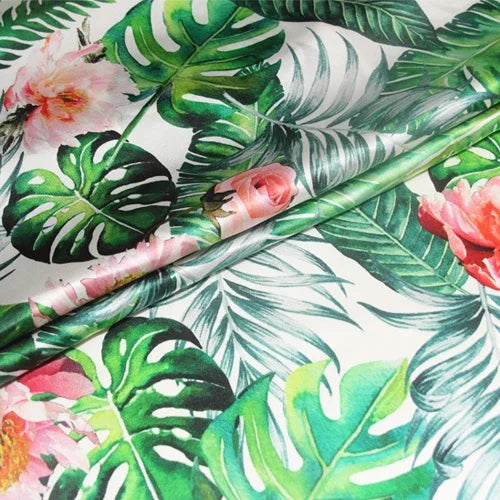 105CM Wide 91G/M Big Green Print Stretch Silk Satin Fabric for Summer Spring Smooth Suit Dress Jacket Skirt,DIY Sewing Material C019