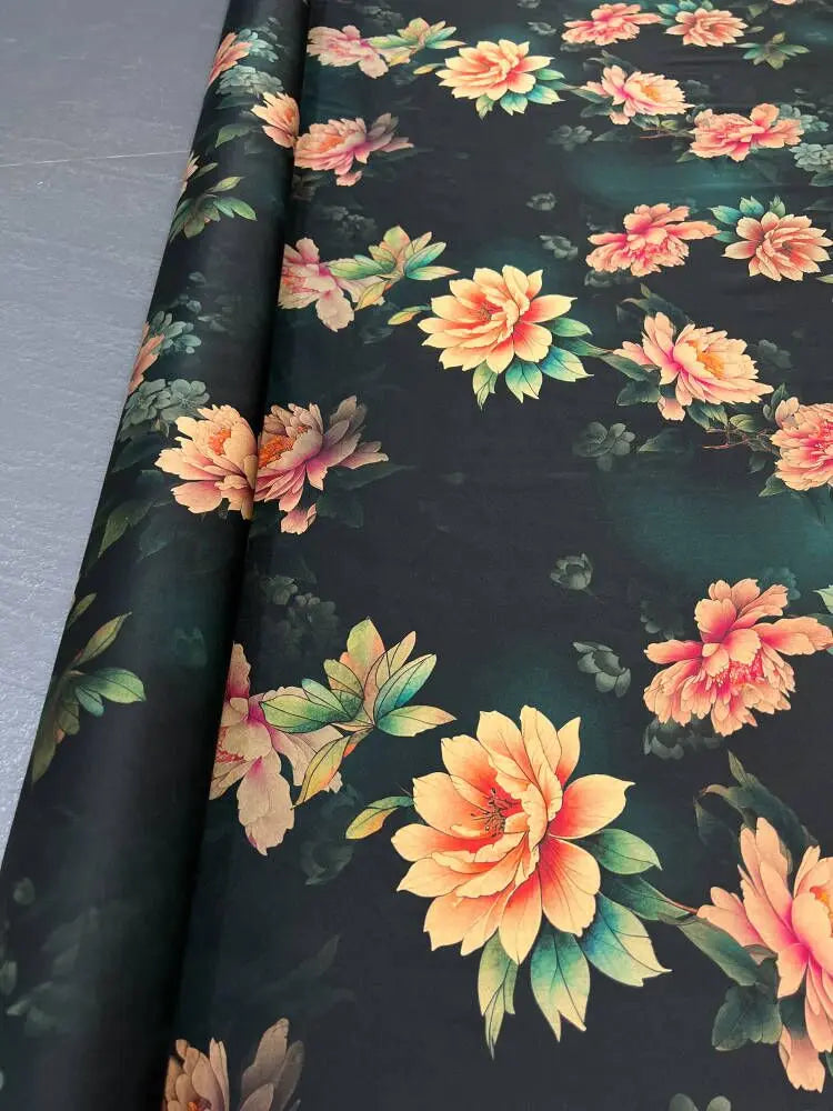 Orange Floral Printed on Black 47'' Wide 25MM Gambiered Gauze Silk Fabric Design for Cheongsam Horse Face Skrit Dress Summer DIY Sewing Material by Yard E1593