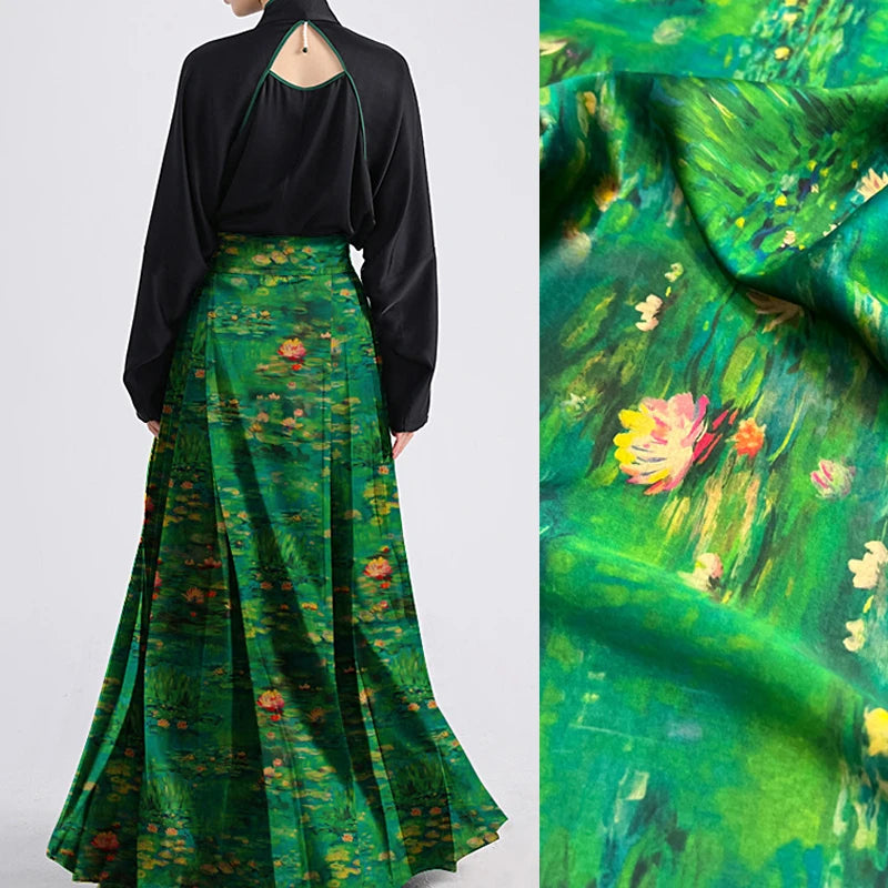 Lotus Print on Green Gambiered Guangdong Gauze Silk Fabric for Summer Stretch Jacket Dress Pants,47'' Wide 25MM Red Cloud Yarn Fabric,DIY Sewing Material E1549
