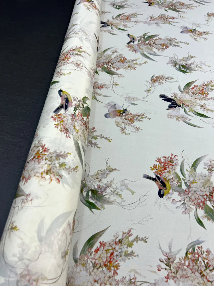 Stretch Comfortable Silk Crepe de Chine Fabric Mulberry Silk Spandex Fabric 55'' Width 18m/m Thin Silk Fabric by 1 Yard for Pajamas,Shirt,Dress or DIY Crafts Chinese Style Birds Floral Printed Material for DIY Sewing D1496