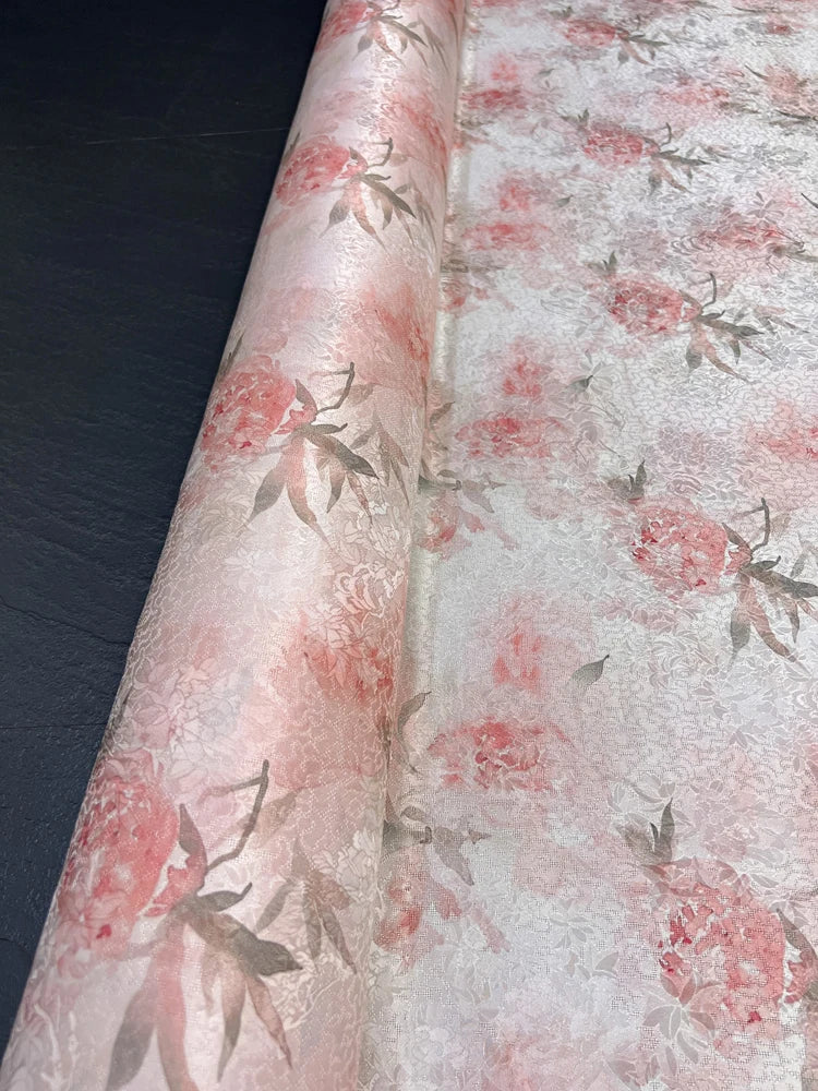 Gorgeous Pink Hibiscus Silk Fabric 45'' Wide 22MM Thickness New Chinese Style Cheongsam Dress Pants Summer Jacquard Silk Fabric by Yard DIY Sewing Material D1673