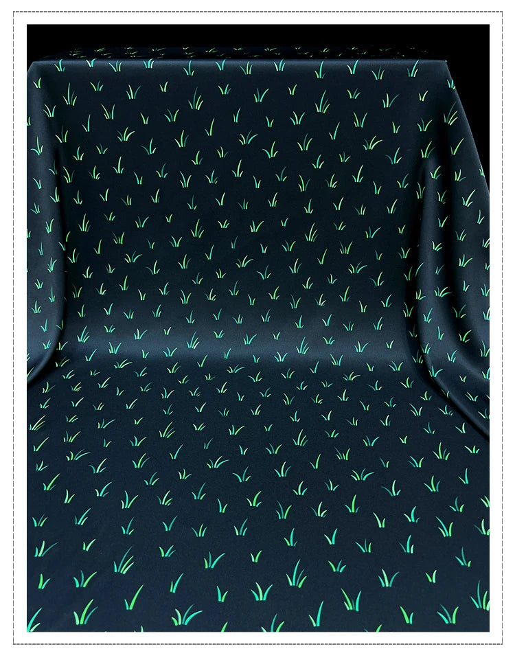 55'' Wide 20MM Thickness Stretch Grass Printed Black Twill Silk Fabric by Yard for Summer Spring Plants Blouse Dress Cheongsam DIY Sewing Material D1163