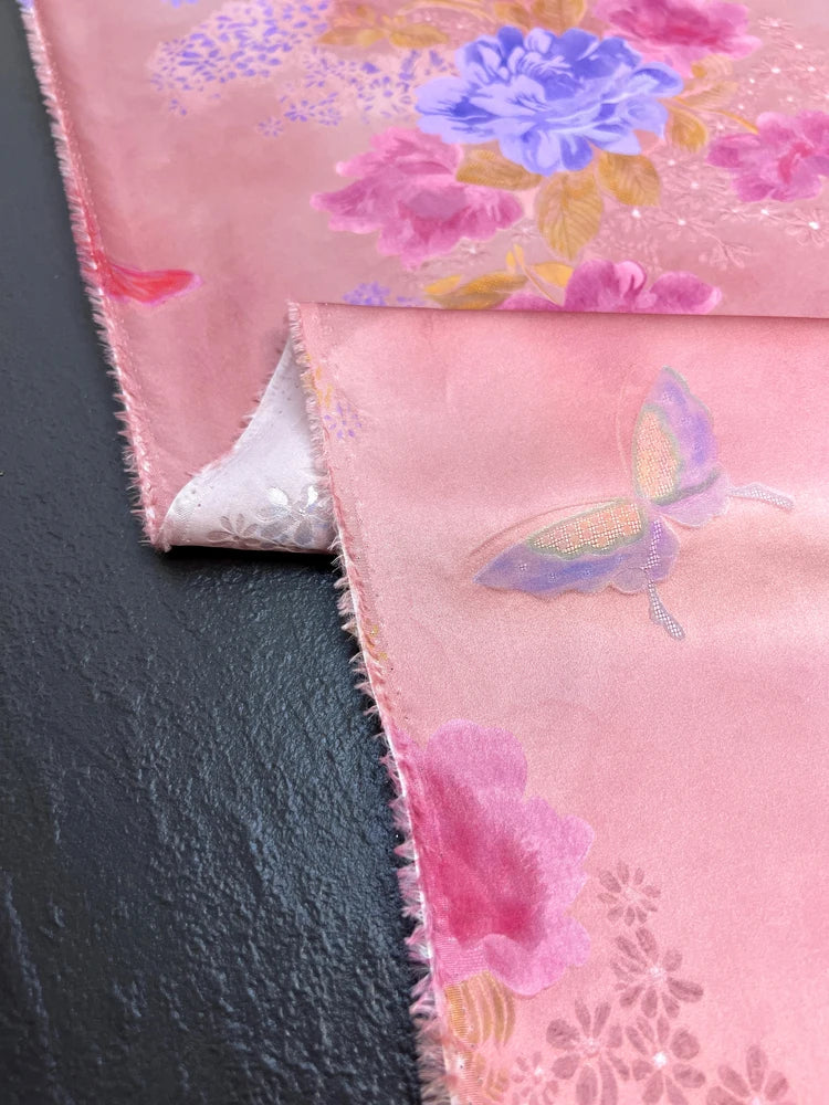Jacquard Silk Fabric by Yard -55'' Wide-26MM Thickness-Perfect for Summer Shirt Dress Cheongsam Floral Butterfly Print on Pink Silk Fabric DIY Sewing Material D1463