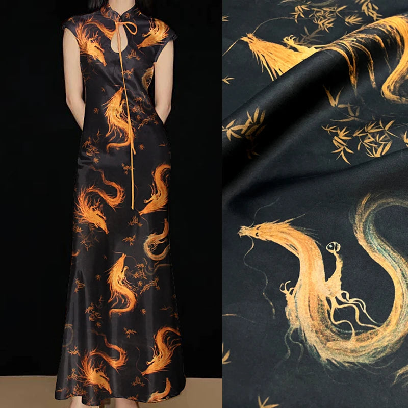 Luxury Gambiered Gauze Silk Fabric with Golden Dragon Printed Design for Cheongsam Horse Face Skrit Dress,47'' Wide 25MM Stretch DIY Sewing Material E1556