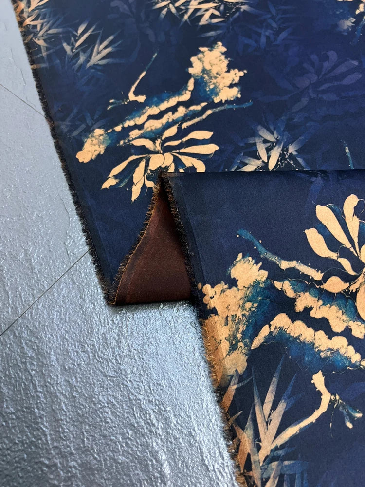 Gambiered Gauze Silk Fabric with Floral on Dark Blue Printed Design for Cheongsam Horse Face Skrit Dress,47'' Wide 25MM,Stretch DIY Sewing Material E1558