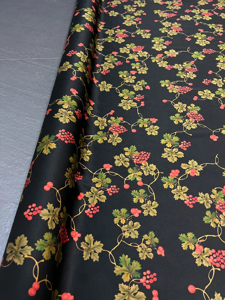 47'' Wide 25MM Thickness Gambiered Gauze Silk Fabric Red Fruites Print on Black Design for Cheongsam Horse Face Skrit Dress Pants Summer DIY Sewing Material by Yard E1592