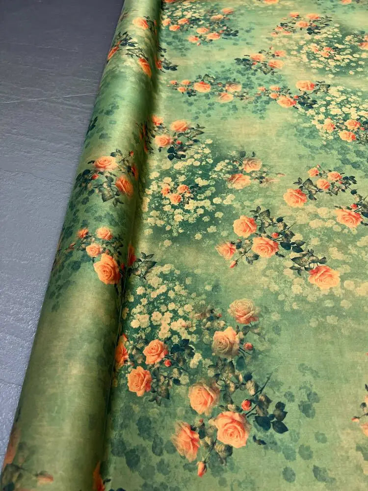 47'' Wide 25MM Thick Gambiered Gauze Silk Fabric with Orange Floral Printed Green Design for Soft Cheongsam Horse Face Skrit Dress Summer DIY Sewing MaterialE1589