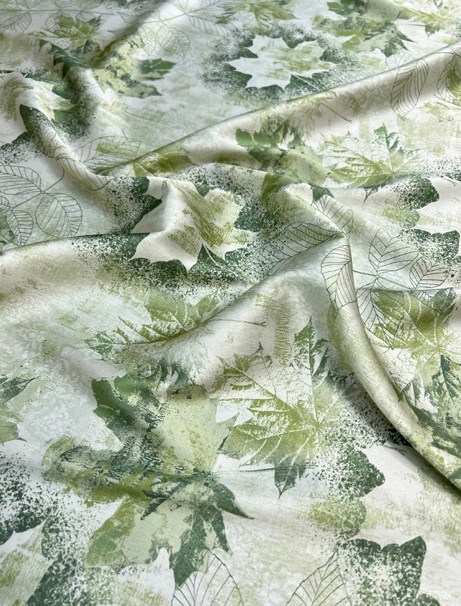 Breathable Stretch Silk Spandex Fabric 140CM Wide 19MM Silk Satin for Dressmaking DIY Material With Leaves Prints Green R349