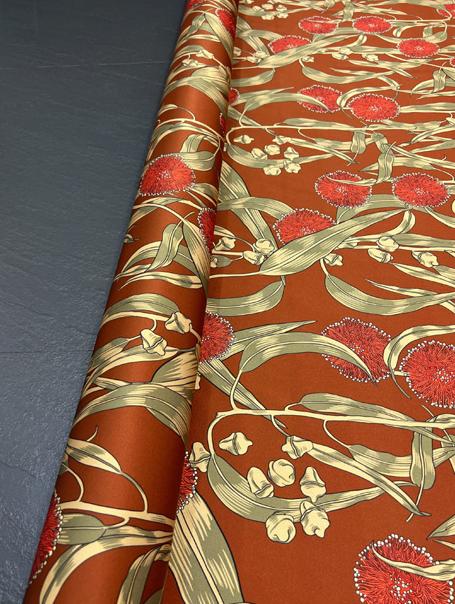 Soft Silk Threaded Satin Fabric by Yard with Floral Printed on Brick Red 140CM Wide 20MM Silk Fabric for Summer Clothing Dress Pants DIY Sewing Material R373