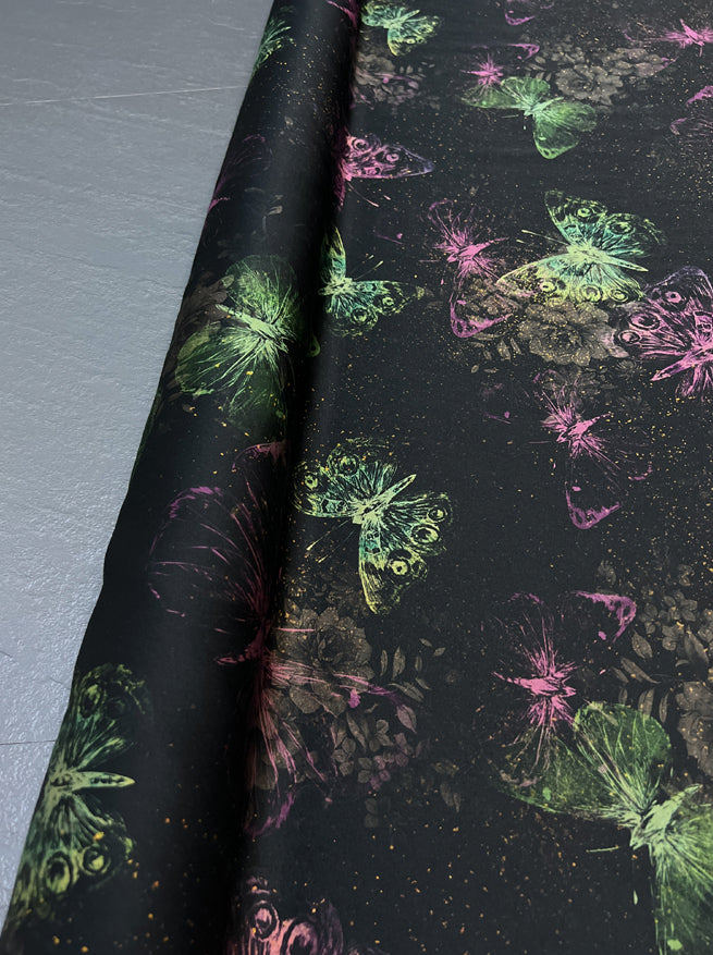 Magic Green Pink Butterfly on Black Gambiered Guangdong Silk Fabric for DIY Sewing Blouse Cheongsam Dressmaking-47'' Wide 25MM Thickness R396