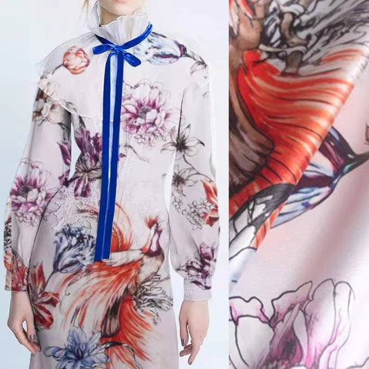 41.3'' Wide 20MM Stretch Smooth Silk Satin Fabric with Floral and Birds Print for DIY Sewing Spring Summer Dress Pants Blouse Pajamas R1854