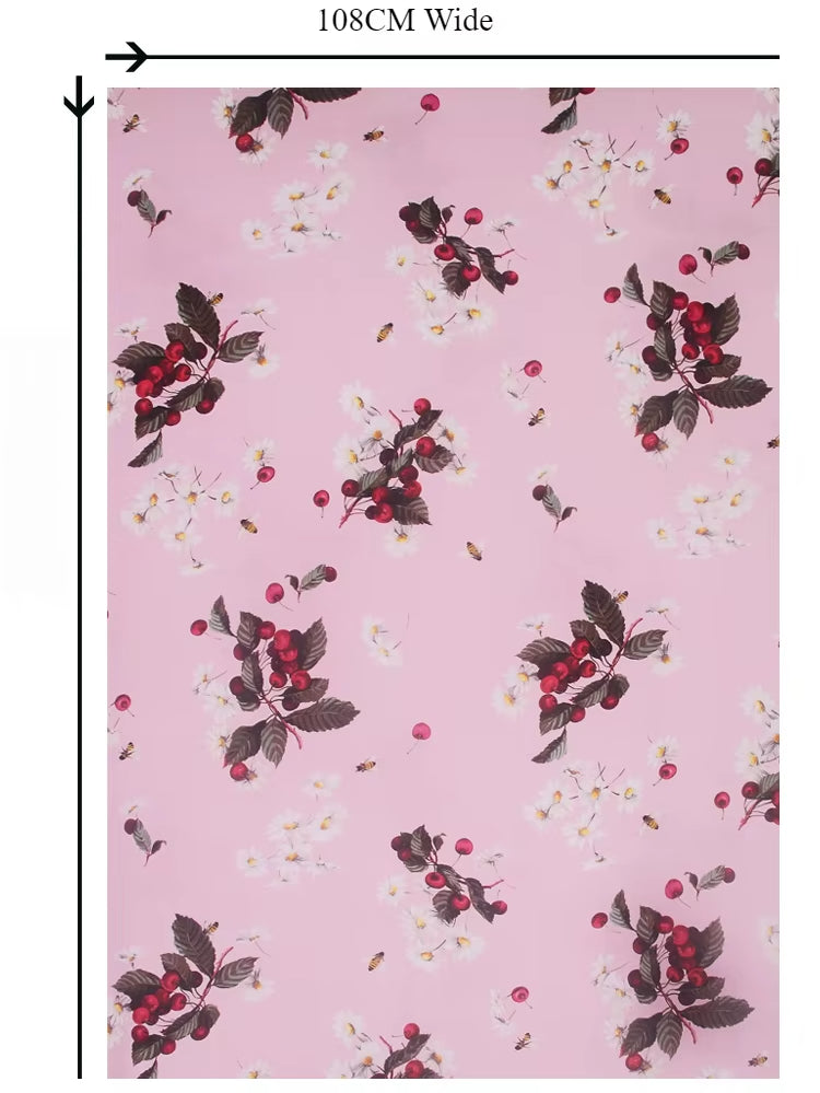 42.5'' Wide 12MM Thin Silk Crepe de Chine Fabric with Bee and Cherry Print for DIY Sewing Summer Pink Dress Pants Pajamas R1852