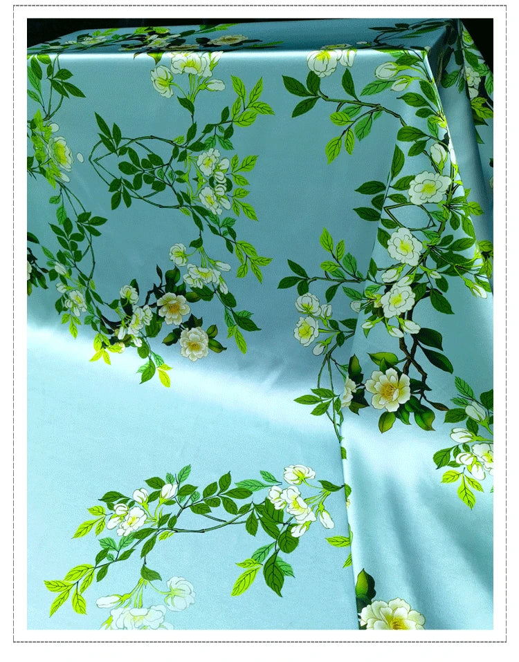 120*120CM 19MM Floral Print 93% Silk 7% Spandex Stretch Silk Satin Fabric for Green Dress Cheongsam Pants,DIY Sewing Material D1159