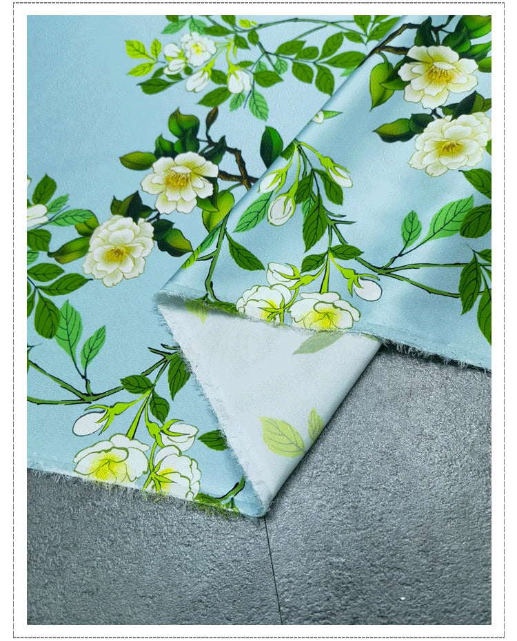 120*120CM 19MM Floral Print 93% Silk 7% Spandex Stretch Silk Satin Fabric for Green Dress Cheongsam Pants,DIY Sewing Material D1159