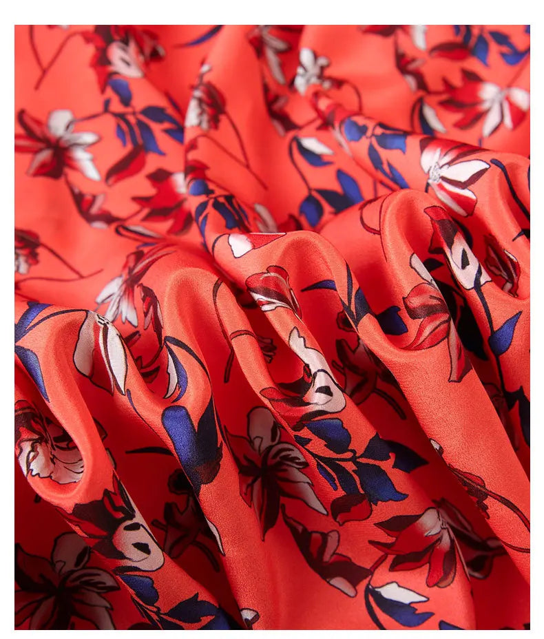 55'' Wide 16MM Floral Print Red Blue Silk Crepe de Chine Fabric for Summer Thin Dress Shirt Clothes Cheongsam DIY Sewing Material Y028