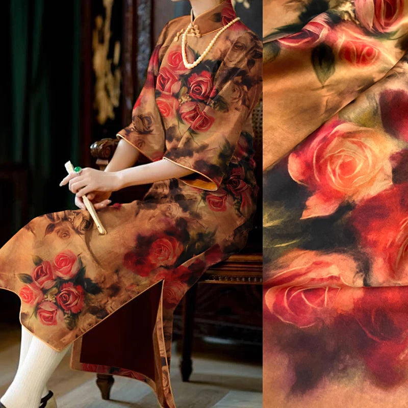 Stretch Gambiered Gauze Silk Fabric with Red Rose Printed Design for Cheongsam Horse Face Skrit Dress Pants 47'' Wide 25MM Thick,DIY Sewing Material E1563