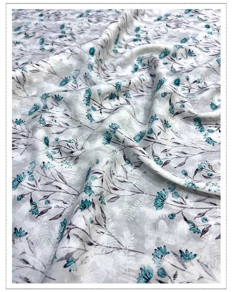 Silk Spandex Printed Fabric by Yard Blue Floral on Beige 55'' Wide for Dressmaking Cheongsam 19MM Thick Stretch Thin Silk Fabric DIY Sewing Material D1358