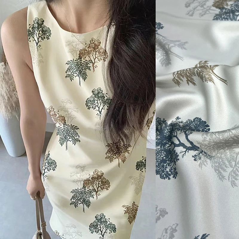 Trees Print on White Silk Satin Fabric 140CM Wide 20MM 93% Silk & 7% Spandex Dress Shirt Summer Stretch Silk Fabric for DIY Sewing D1450