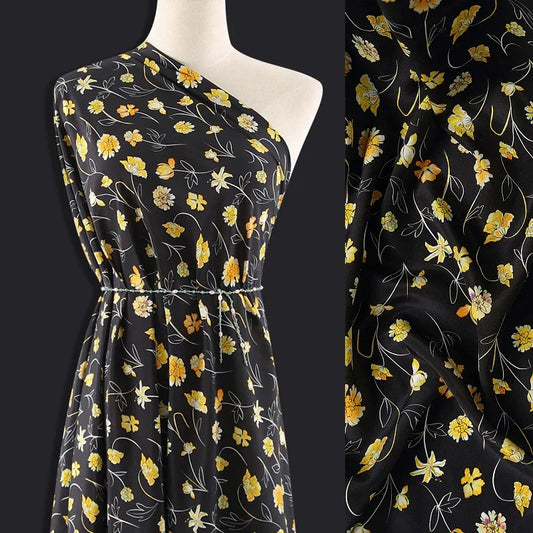 55'' Wide 16MM Yellow Floral Print Black Silk Crepe de Chine Fabric by Yard for Summer Thin Dress Shirt Clothes Cheongsam DIY Sewing Material Y025