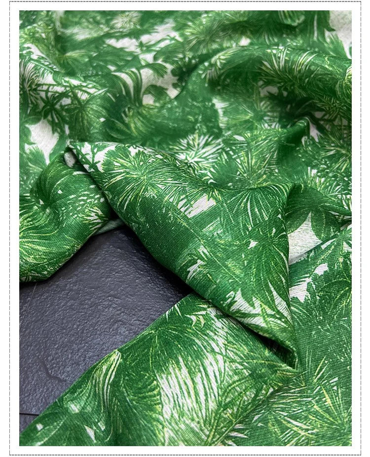 55'' Wide 15.5MM Green Printed 30% Silk 70% Linen Fabric by Yard for Summer Shirt Dress A Little Transparent and Hard Fabric DIY Sewing Material D1328