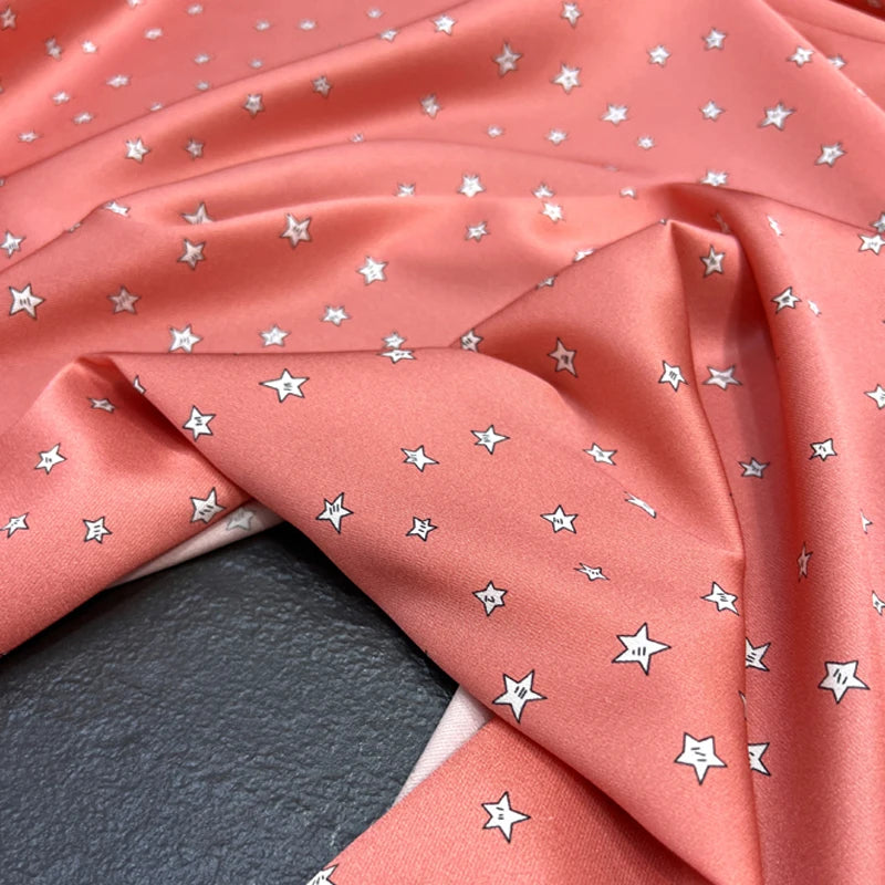55'' Wide 20MM Thickness Small Stars Printed Twill Silk Fabric by Yard for Summer Pants Blouse Dress-Stretch Comfortable Silk Fabric DIY Sewing Material D1515