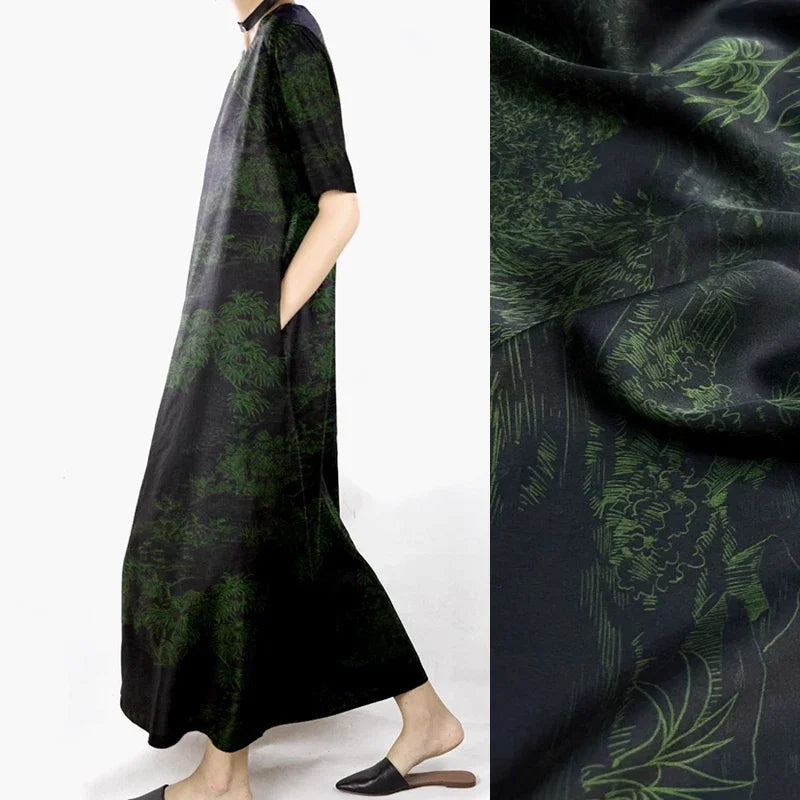 Trees Print Black Green Stretch Silk Fabric - Wide 47'' - Ideal for Dress & Cheongsam - High-Quality 25MM Heavy Silk Fabric Sewing Material D1261