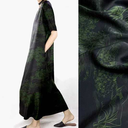 Trees Print Black Green Stretch Silk Fabric - Wide 47'' - Ideal for Dress & Cheongsam - High-Quality 25MM Heavy Silk Fabric Sewing Material D1261