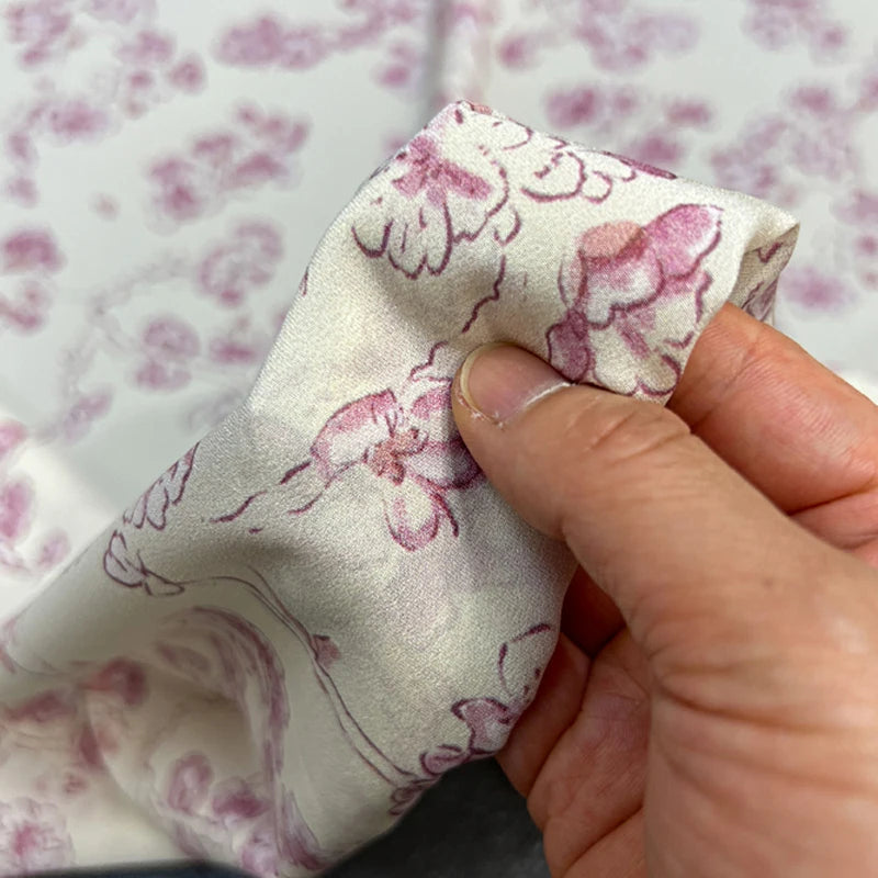 Stretch Comfortable Silk Crepe de Chine Fabric - Pink Floral Printed on White Design, Fabric for Summer Dress Pants-DIY Sewing Material D1497