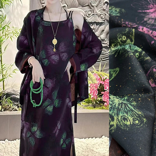 Magic Green Pink Butterfly on Black Gambiered Guangdong Silk Fabric for DIY Sewing Blouse Cheongsam Dressmaking-47'' Wide 25MM Thickness R396