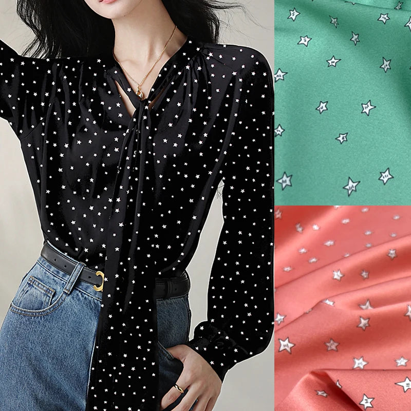 55'' Wide 20MM Thickness Small Stars Printed Twill Silk Fabric by Yard for Summer Pants Blouse Dress-Stretch Comfortable Silk Fabric DIY Sewing Material D1515