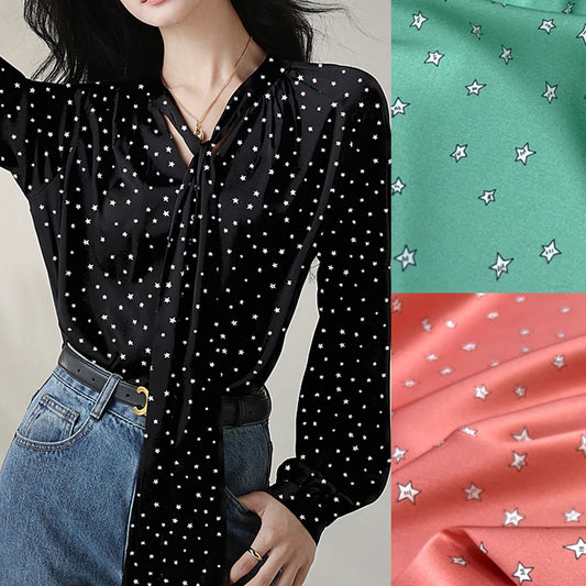 55'' Wide 20MM Thickness Small Stars Printed Twill Silk Fabric by Yard for Summer Pants Blouse Dress-Stretch Comfortable Silk Fabric DIY Sewing Material D1515