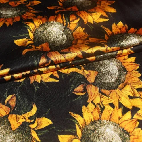 Yellow Sunflower Print 95% Silk & 5% Lycra Strech Silk Satin Fabric for Blouse Dress Clothing Cheongsam 105CM Wide 91G/M,DIY Sewing Material C007