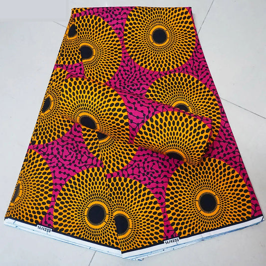 6Yards Long African Wax Fabric with Orange Balls Printed Pink Cotton Batik Fabric Material for Spring Summer Clothing DIY Sewing R896