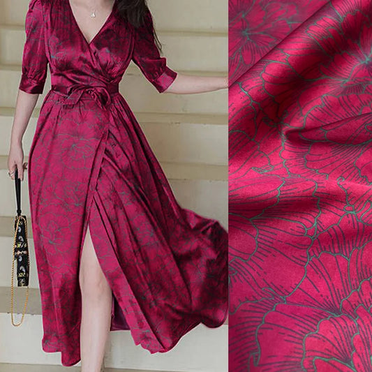 47'' Wide 25MM Thick Gambiered Gauze Silk Fabric with Floral on Rose Red Printed Design for Summer Soft Cheongsam Horse Face Skrit Dress DIY Sewing Material by Yard E1587