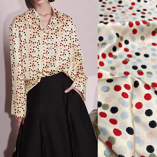Breathable Stretch Silk Threaded Satin Fabric by Yard 55'' Wide 20MM Fabric Matterial  for DIY Sewing Dress Cheongsam with Dots Print on Champage Color  R363
