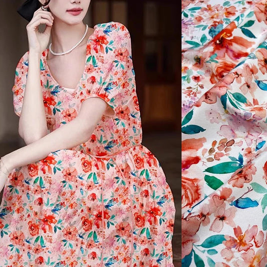 Silk Spandex Fabric Crepe De Chine 18m/m Thin Silk Fabric for Sewing by 1 Yard (Orange Floarl Printed) DIY Summer Soft Dress Pajamas Pants Material D1310