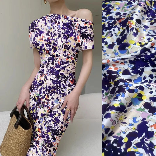 Printed Elastic Silk Satin Fabric for Summer Dress Clothes Cheongsam,118CM Wide 19MM, 93% Silk & 7% Spandex,DIY Sewing Material D1265