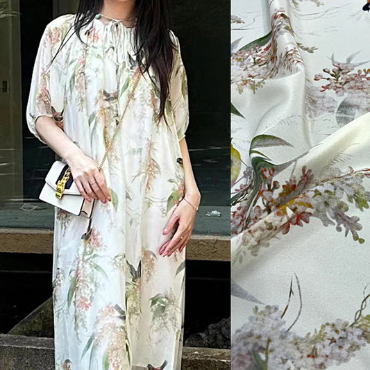 Stretch Comfortable Silk Crepe de Chine Fabric Mulberry Silk Spandex Fabric 55'' Width 18m/m Thin Silk Fabric by 1 Yard for Pajamas,Shirt,Dress or DIY Crafts Chinese Style Birds Floral Printed Material for DIY Sewing D1496