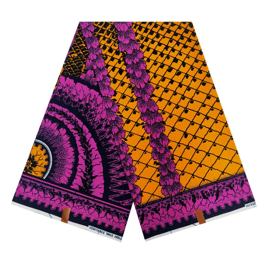 Purple Floral Orange Square Printed Fabric for Sewing Crafting-African Cotton Wax Batik Material for Dress,6 Yards Long R1047
