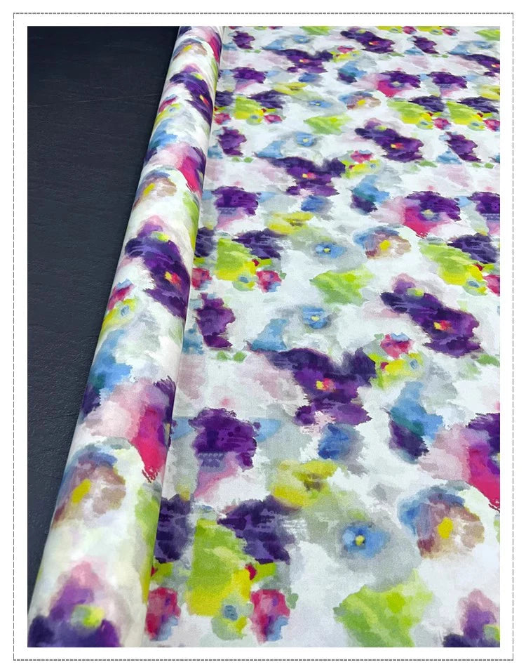 18m/m Spandex Mulberry Silk Crepe de Chine Fabric for Sewing Comfortable Dresses,Pajamas,Clothing,Pants or DIY Crafts Material 55" Wide Sold by 1 Meter 1 Yard(Purple Floral Print on White) D1320